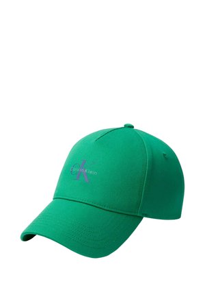 Green baseball cap with curved brim, featuring a small purple Calvin Klein logo on the front.