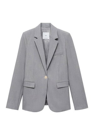 Siv odel iz teksturirane tkanine, ki ima zarezan ovratnik, enojno zaklepanje z gumbom in dve sprednji žep. Podložena notranjost.