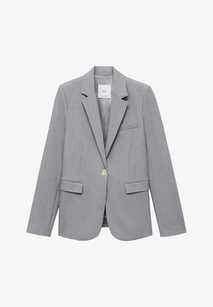 Blazer gris de tela texturizada, con solapa de muesca, cierre de botón único y dos bolsillos frontales. Forro interior.