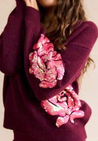 Maglione bordeaux con maniche lunghe, caratterizzato da un motivo floreale in paillettes rosa sul braccio sinistro. Texture morbida, design con vestibilità rilassata.