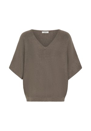 V-hals kortwerp shirt van zacht, gestructureerd taupe stof met een losse pasvorm en subtiele stikdetails langs de zoom en mouwen.