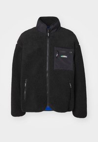 Schwarze Fleecejacke mit hohem Kragen, ausgestattet mit einem Reißverschluss und einer Fronttasche. Strukturiertes, weiches Material und seitliche Reißverschlusstaschen.