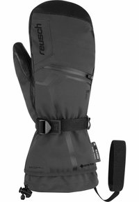 Schwarze Fäustlinge aus Softshell-Material mit Lederhandfläche, ausgestattet mit einem Schnallenriemen, einer Reißverschlusstasche und GORE-TEX-Logo.
