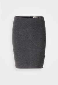 Jupe crayon gris foncé longueur genou avec une texture lisse et une fermeture éclair dissimulée à l'arrière, présentée sur fond blanc.