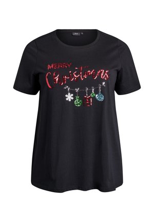 Zwarte katoenen T-shirt met een ronde halslijn, versierd met rode pailletten tekst "VROLIJK KERSTFEEST" en feestelijke ornamentontwerpen in groen, blauw en zilver.
