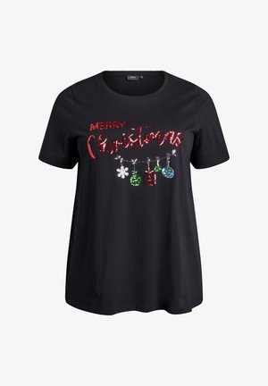 Sort bomulds t-shirt med rund halsudskæring, der har rød glitrende tekst "GLÆDELIG JUL" og festlige ornamentdesigns i grøn, blå og sølv.