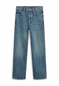 Ljusblå denimjeans med rak ben-design, med fem fickor och knappstängning, som visar en blekt struktur.