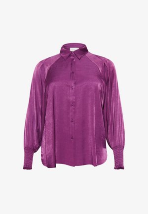 Lila selyemblúz klasszikus gallérral, gombos elülső részel, hosszú ujjakkal, gumis mandzsettával és sima, fényes textúrával.
