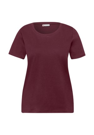 Lyhythihainen naisten pyöreäkauluksinen t-paita yksivärisenä tummanviininpunaisena, jossa on yksinkertainen ja istuva leikkaus.