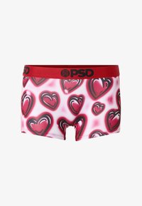 Calzoncillos bóxer con cintura roja y logo PSD negro, tela blanca con un patrón de corazones rosas y rojos de varios tamaños, contorneados en negro.