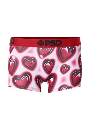 Rote Boxer-Briefs mit Bund und schwarzem PSD-Logo, weißer Stoff mit verschiedenen Größen von rosa und roten Herzen, die schwarz umrandet sind.