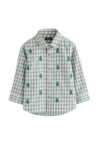 Chemise à carreaux verte et grise à manches longues, avec des arbres verts brodés et des boutons en bois à l'avant.