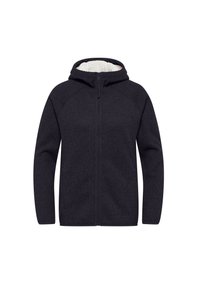 Schwarze Kapuzenjacke mit Reißverschluss auf der Vorderseite, ausgestattet mit einem weichen, fleecegefütterten Innenbereich und einer strukturierten Außenseite, die für Komfort und Wärme sorgt.