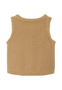 Strick, ärmelloser Pullover in Hellbeige mit strukturiertem Stoff. Verfügt über einen runden Ausschnitt und gerippte Kanten. Geeignet zum Schichten.