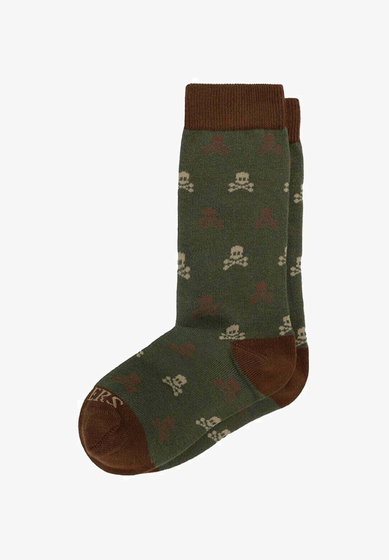 Zielone skarpetki z wzorem czaszek w kremowym i brązowym kolorze, z brązowym mankietem i częścią na palce, wykonane z miękkiego materiału.