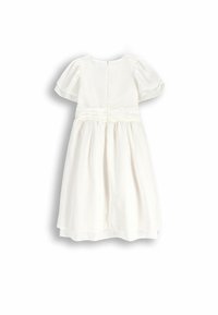 Biała sukienka z krótkimi bufkami, marszczoną talią i rozkloszowanym fasonem. Posiada zamek błyskawiczny z tyłu oraz lekką, teksturowaną tkaninę.