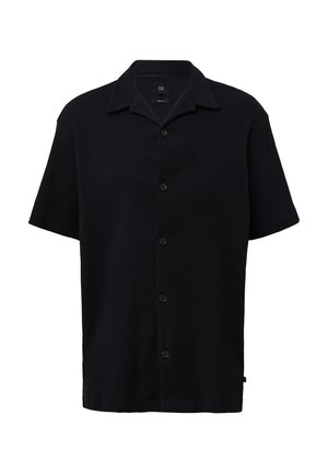 Chemise noire à manches courtes, boutonnée, en tissu texturé. Elle dispose d'un col classique et de boutons sur le devant, avec une coupe décontractée.