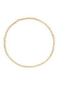 Collier de couleur or composé de maillons en métal en forme d'ovale, avec une texture lisse, et une fermeture à mousqueton, uniformément conçu.