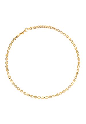 Collana color oro con anelli metallici ovale, di texture liscia e chiusura a gancio, con design uniforme in tutto.