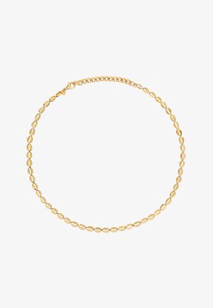 Collana color oro con anelli metallici ovale, di texture liscia e chiusura a gancio, con design uniforme in tutto.