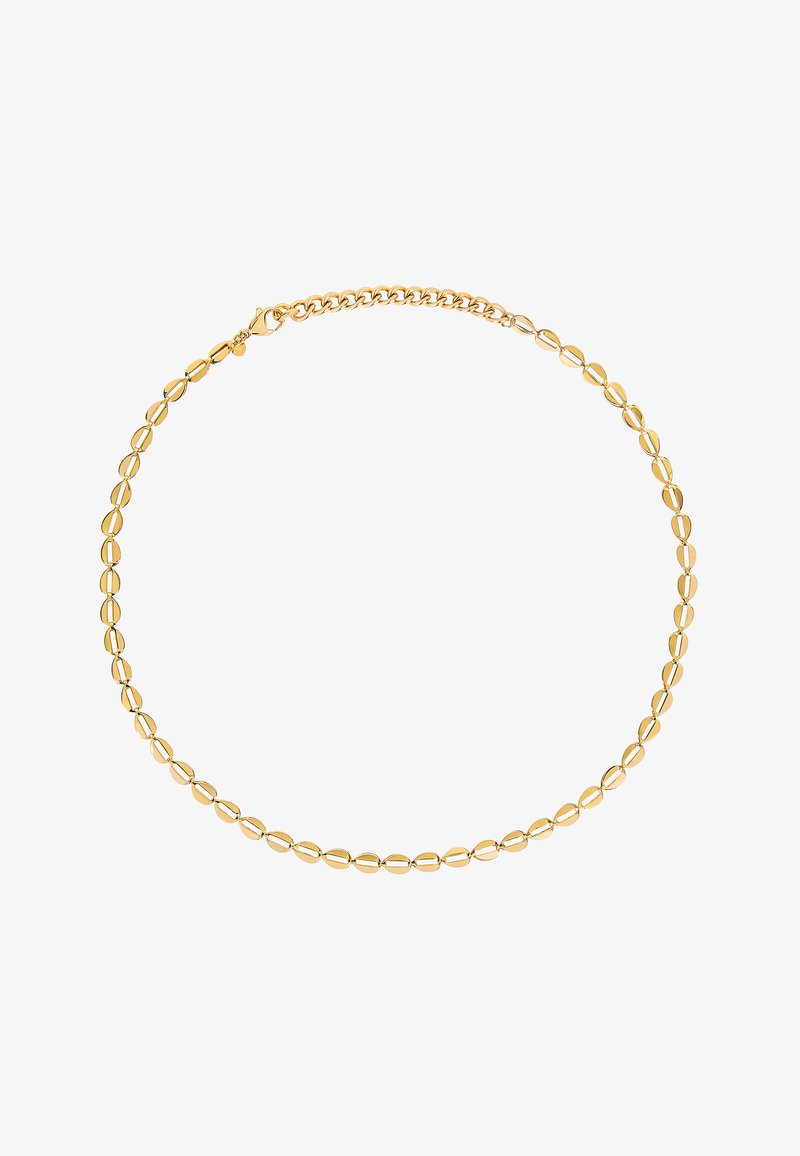 Collar de color dorado que presenta eslabones metálicos en forma ovalada, con una textura suave y un cierre de langosta, con un diseño coherente en toda su extensión.