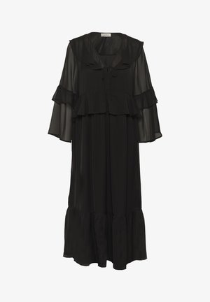 Črna maksi obleka iz prosojnega materiale z nabranimi detajli, širokimi rokavi, V-izrezom in zavezanjem spredaj.