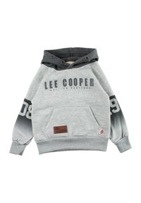 Sweat à capuche gris avec une poche avant, manches gris foncé, texte "LEE COOPER" et écusson logo. Tissu doux avec poignets côtelés.