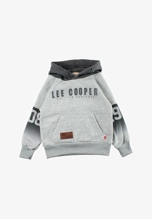 Sweat à capuche gris avec une poche avant, manches gris foncé, texte "LEE COOPER" et écusson logo. Tissu doux avec poignets côtelés.