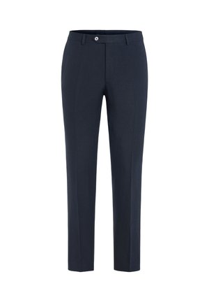Navy blue tailored trousers with belt loops, front button closure, and straight-leg design.