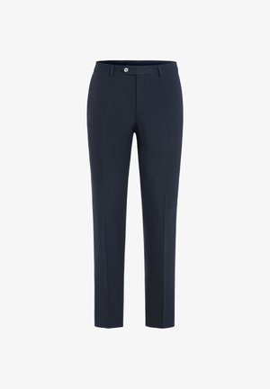 Marineblaue, maßgeschneiderte Hose mit Gürtelschlaufen, vorderer Knopfverschluss und geradem Bein.