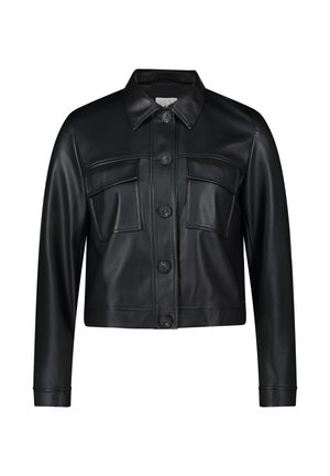 Schwarze Lederjacke mit Kragen, vorderem Knopfverschluss und zwei Brusttaschen. Glatte Textur, taillierte Passform und kurzes Design.