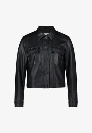 Schwarze Lederjacke mit Kragen, vorderem Knopfverschluss und zwei Brusttaschen. Glatte Textur, taillierte Passform und kurzes Design.