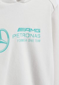 Hellgraues Hoodie mit türkisfarbigem Text und Logo. Besitzt ein rundes Emblem und den Schriftzug "AMG PETRONAS FORMULA ONE TEAM" in auffälliger Schrift.