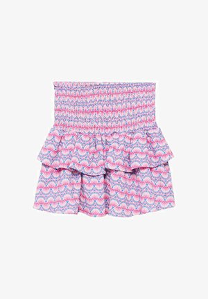 Gonna a fantasia rosa e blu, con vita arricciata e strati di volant. Il design include motivi a conchiglia su uno sfondo chiaro.