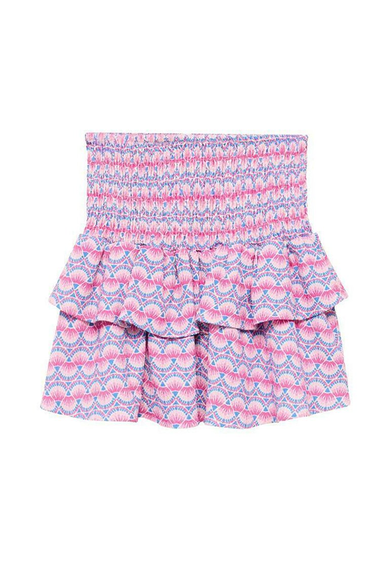 Lilla og blå mønstret nederdel med smocket talje og lagdelte flæser. Designet inkluderer skaldyrmotiver på en lys baggrund.