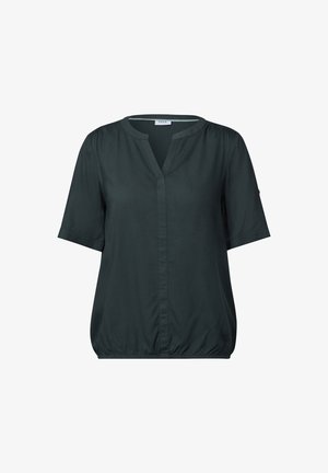 Krótki rękaw, ciemnozielona bluzka z dekoltem w serek, zebrane rękawy i lekko elastyczna talia dla luźnego kroju. Wykonana z lekkiego materiału.