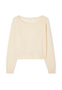 Světlý béžový krátký svetr s jemnou texturou, širokým kulatým výstřihem a dlouhými rukávy, s žebrovanými manžetami a lemem.