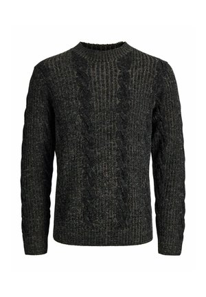 Donkergrijze gebreide trui met een getextureerd, geribbeld patroon en kabeldetails. Heeft een ronde halslijn en lange mouwen.