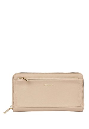 Portafoglio beige rettangolare con cerniera, tasca frontale e cursori dorati, con logo "VERDE" impresso al centro.