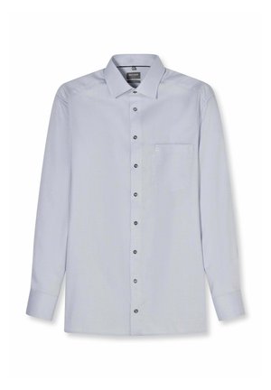 Hellblaues Herrenhemd mit langen Ärmeln, vorn mit Knöpfen, einer Brusttasche auf der linken Seite und klassischem Kragen.