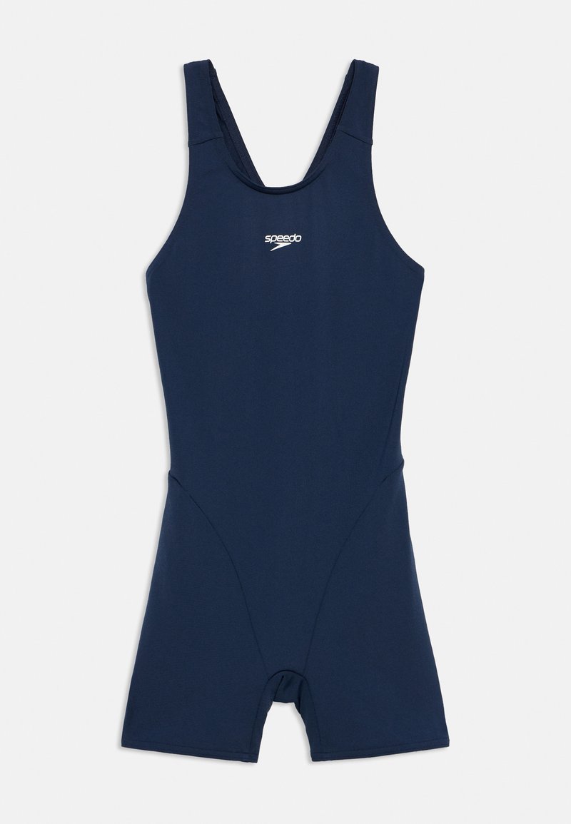 Μπλε μαρινιέρα μαγιό με λαιμόκοψη scoop, φαρδιές τιράντες και σορτς μήκους μέχρι το γόνατο. Διαθέτει λογότυπο Speedo στο στήθος. Λείο, ελαστικό ύφασμα.