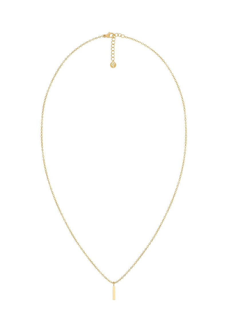 Collana in oro delicata con un piccolo pendente a barra verticale e chiusura regolabile su sfondo bianco.