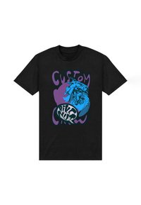 Černé bavlněné tričko s velkým modrým grafikou motocyklu a stylizovaným textem "Custom Bike" na fialovém pozadí.