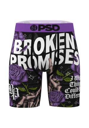 Boxershorts mit violettem Bund, schwarzem Hintergrund, großem weißen Schriftzug "BROKEN PROMISES", violetten Rosen und Skelett-Hand-Design.