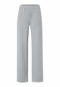 Lichtgrijze wijde broek gemaakt van textuurstof met een subtiel visgraatpatroon, voorzien van een platte tailleband en zonder zichtbare sluitingen.