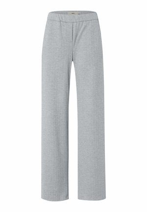 Pantaloni a gamba ampia grigio chiaro realizzati in un tessuto testurizzato con un delicato motivo a spina di pesce, dotati di vita piatta e senza chiusure visibili.