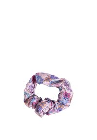 Scrunchie realizzato in morbido tessuto rosa, con illustrazioni di animali cartoon colorati e motivi floreali sparsi. Design con presa elastica.