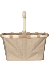 Beige Stoffeinkaufsnetz mit einem cremefarbenen Metallrahmen und einem strukturierten Griff. Ausgestattet mit Stoffriemen, die den Korb am Rahmen sichern.