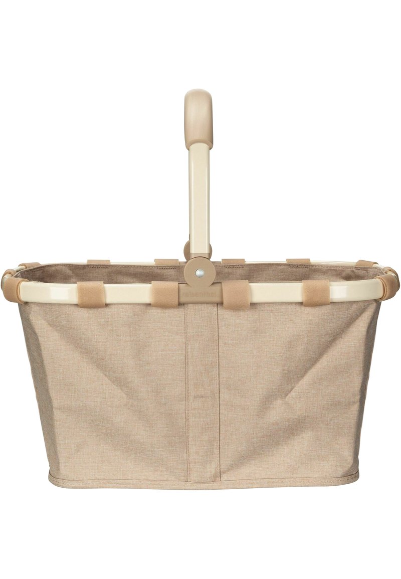 Beige Stoffeinkaufsnetz mit einem cremefarbenen Metallrahmen und einem strukturierten Griff. Ausgestattet mit Stoffriemen, die den Korb am Rahmen sichern.