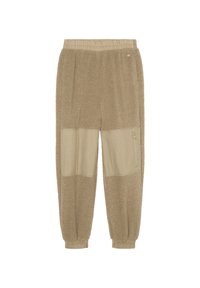 Beige joggere lavet af blødt, tekstureret stof med glatte sidepaneler. Har elastisk talje og manchetter samt en lynlåslomme.